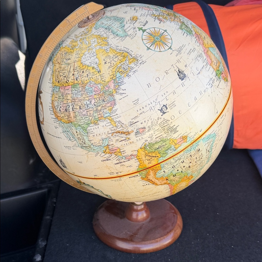 Vintage-Style Cream World Globe on Wooden Stand